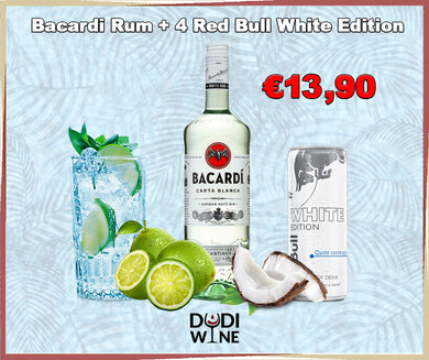 Bacardi Rum Bianco 1 L + 4 Red Bull White Edition 25 CL-Dudi Wine